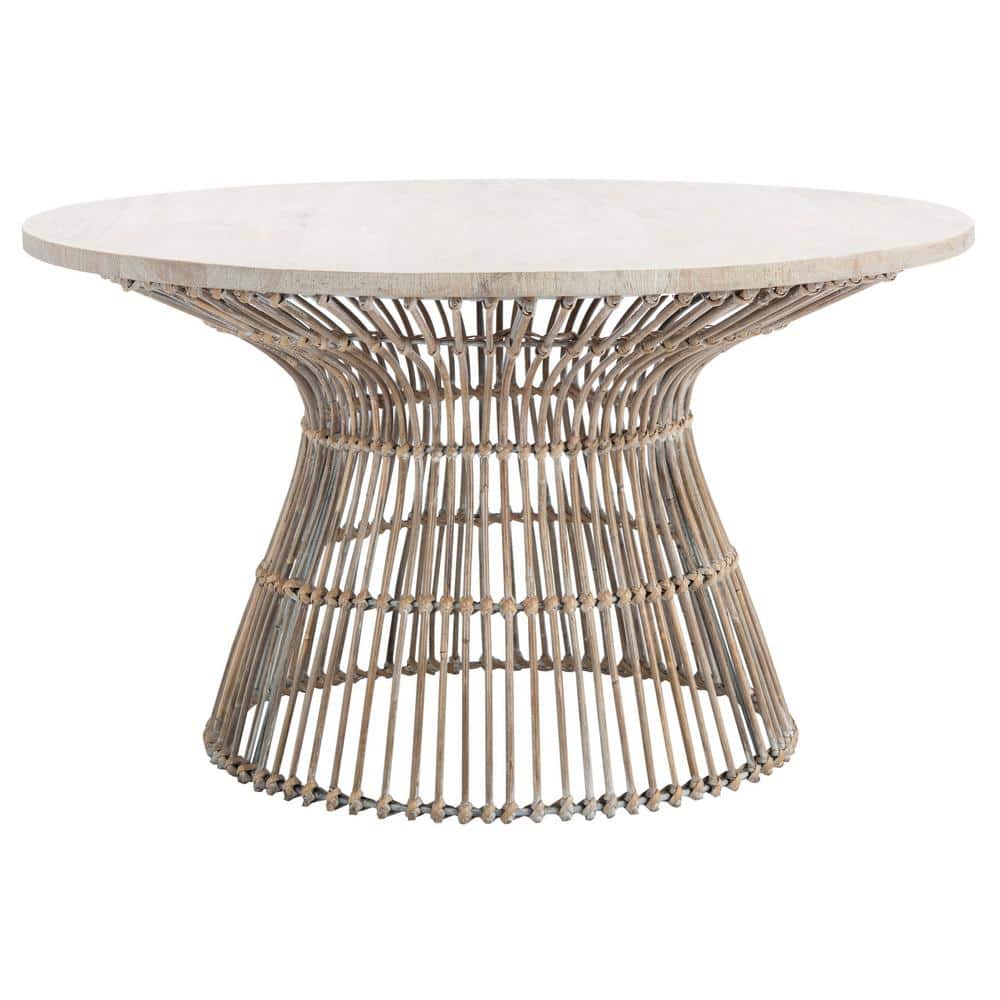 Coastal Charm Grey White Wash & Black Rattan Round Coffee Table