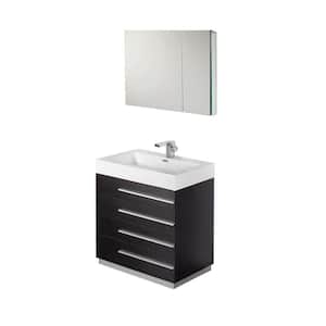 Livello 30 in. Vanity in Black with Acrylic Vanity Top in White with White Basin and Mirrored Medicine Cabinet