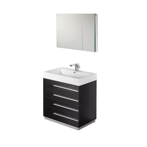 Fresca Livello 30 in. Vanity in Black with Acrylic Vanity Top in White with White Basin and Mirrored Medicine Cabinet