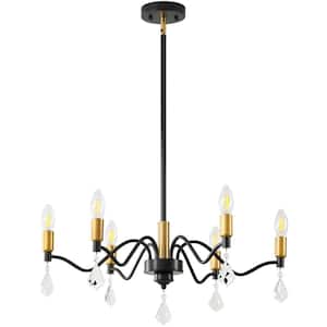 Crystal Decoration 6-Light Black and Gold Rustic Linear Chandelier for Kitchen/Living Room with No Bulbs Included