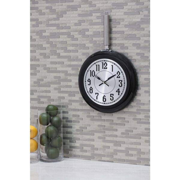 Litton Lane 19 in. x 11 in. Blacks Frying-Pan-Inspired Round Wall Clock with Silver Face and Metallic Black Rim