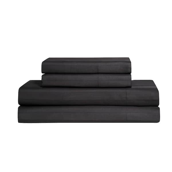 Royal Dreams 4-Piece Jet Black Striped Sateen Cotton Queen Soft Sheet Set
