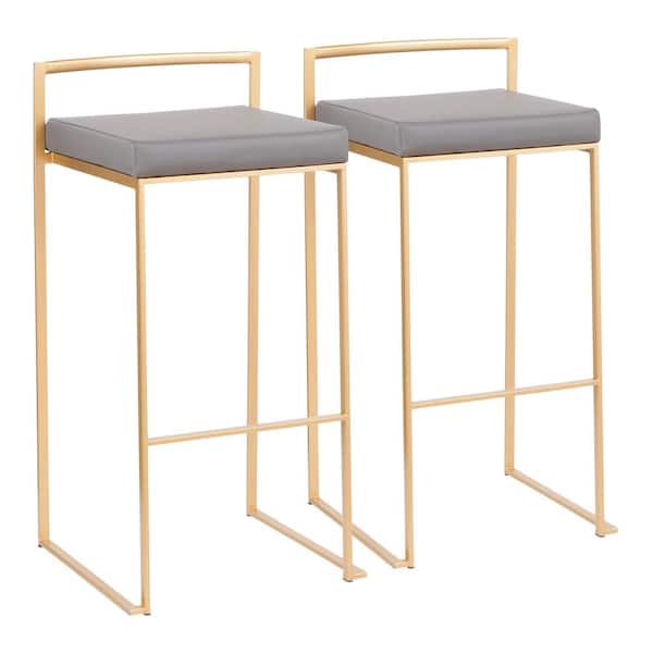 Lumisource Fuji 30 in. Gold Stackable Bar Stool with Grey Faux Leather Cushion (Set of 2)