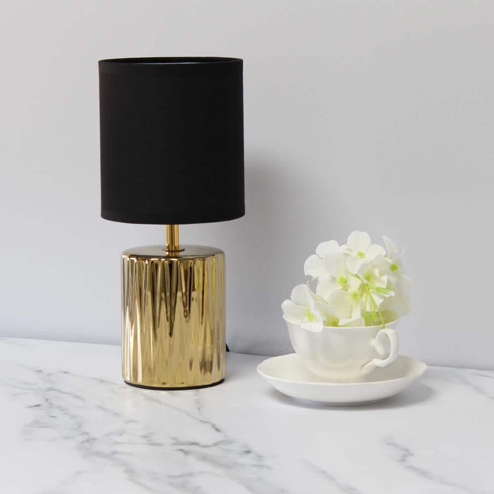 11.61" Polished Gold Ceramic Table Lamp with Black Drum Shade