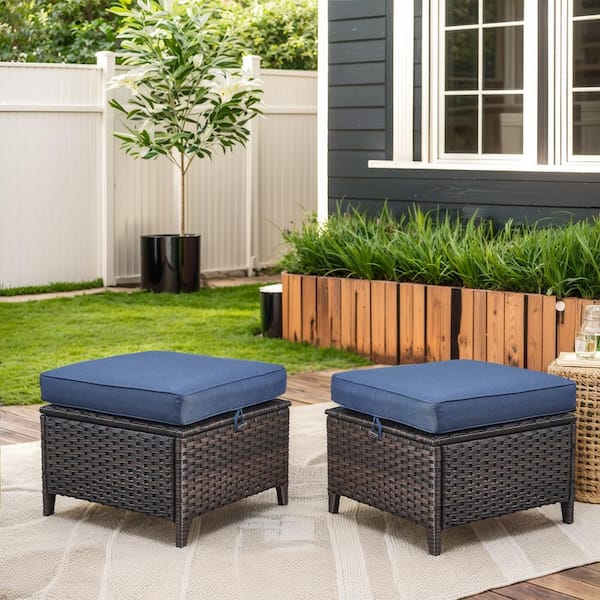 Brown Wicker Outdoor Ottoman with Blue Cushions (2-Pack)