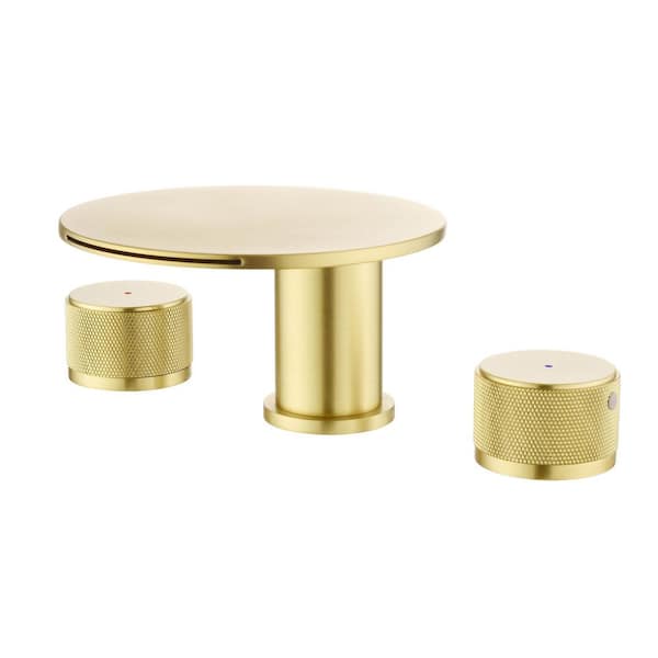 8 in. Widespread Double Handle Bathroom Sink Faucet 3 Holes Brass Modern Waterfall Bathroom Basin Taps in Brushed Gold