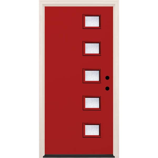 Builders Choice 36 in. x 80 in. Left-Hand/Inswing 5 Lite Rain Glass Ruby Red Painted Fiberglass Prehung Front Door with 4-9/16 in. Frame