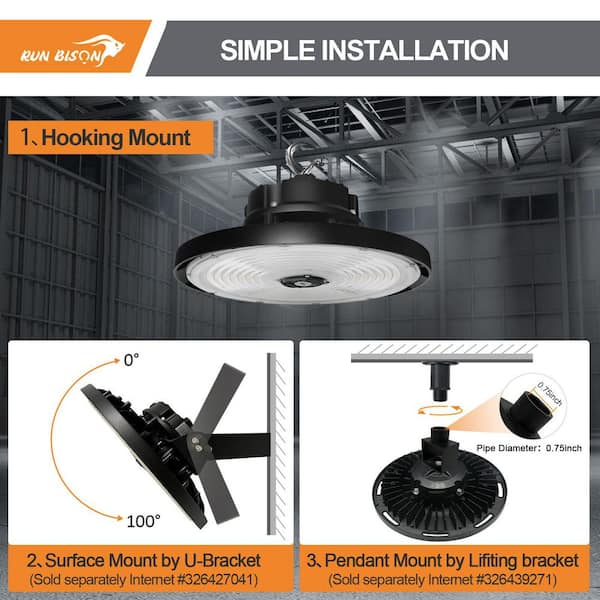 RUN BISON 12.6 in. Integrated UFO LED High Bay Light Fixture LED Commercial Lighting, Up to 36000 Lumens w/Motion Sensor (8-Pack)