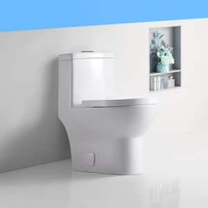 Dual Flush 0.88/1.2 GPF Elongated Standard 1 Piece Toilet in Glossy White with Soft Closing Seat Side Holes