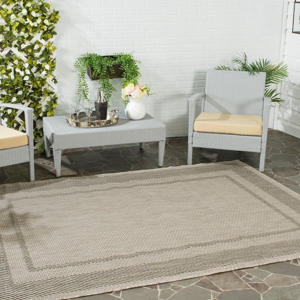 Courtyard Beige/Black 5 ft. x 5 ft. Square Striped Indoor/Outdoor Patio  Area Rug