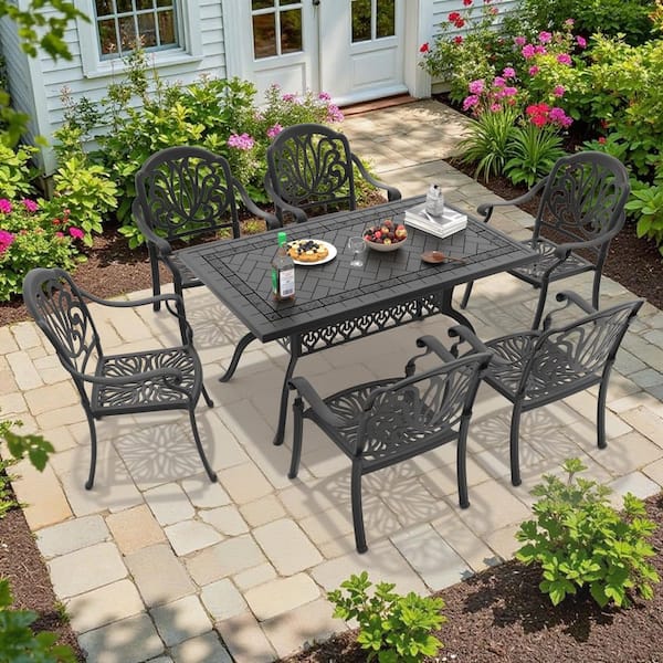 7-Piece Black Cast Aluminum Outdoor Dining Set with Brown Cushions