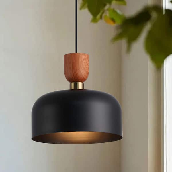 Industrial 11.8 in. 1 Light Black Wood Dome Pendant Light, Height Adjustable LED Reading Chandelier, E26 Socket