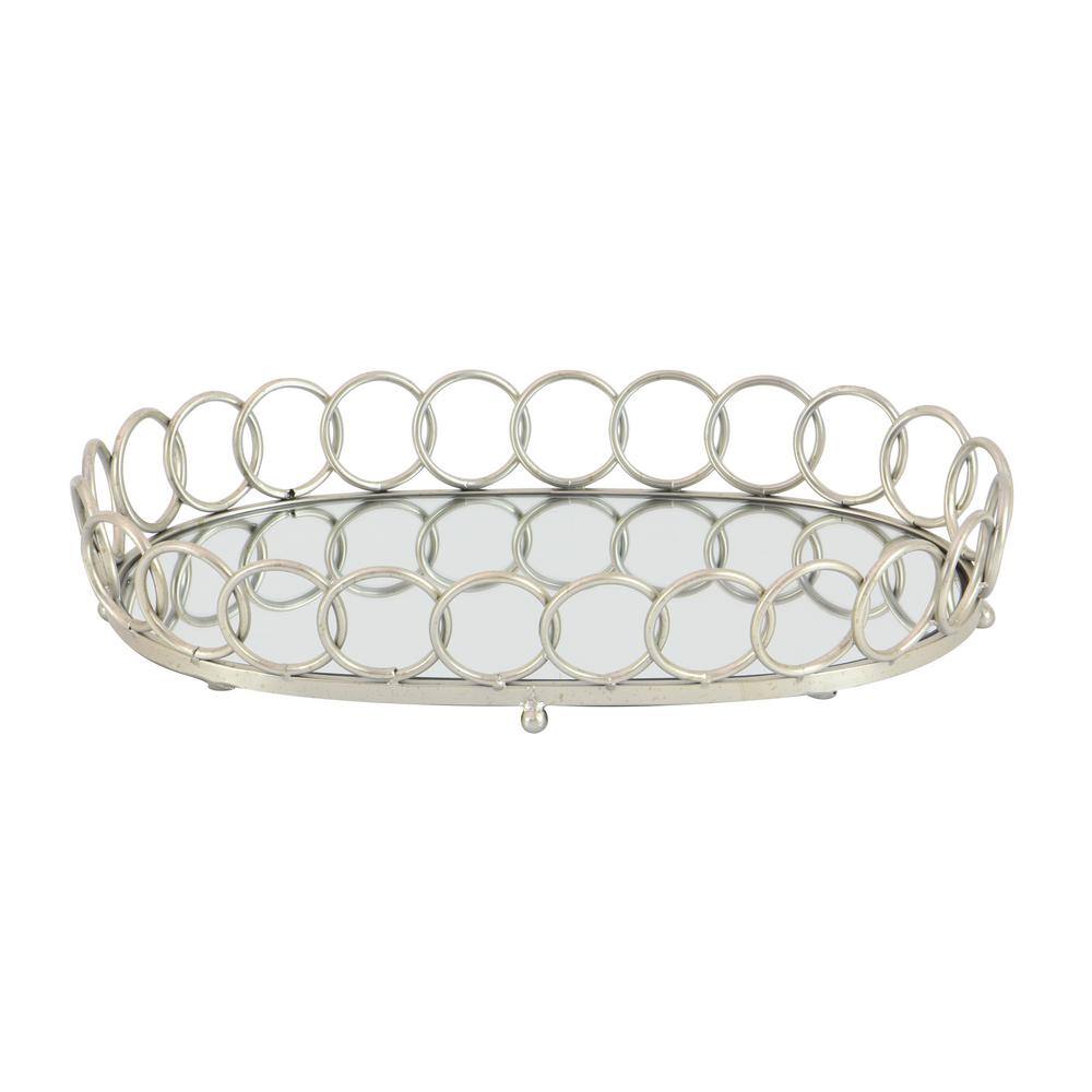 Elegant Silver Mirrored Oval Tray Set, 22" & 18"W with Geometric Pattern