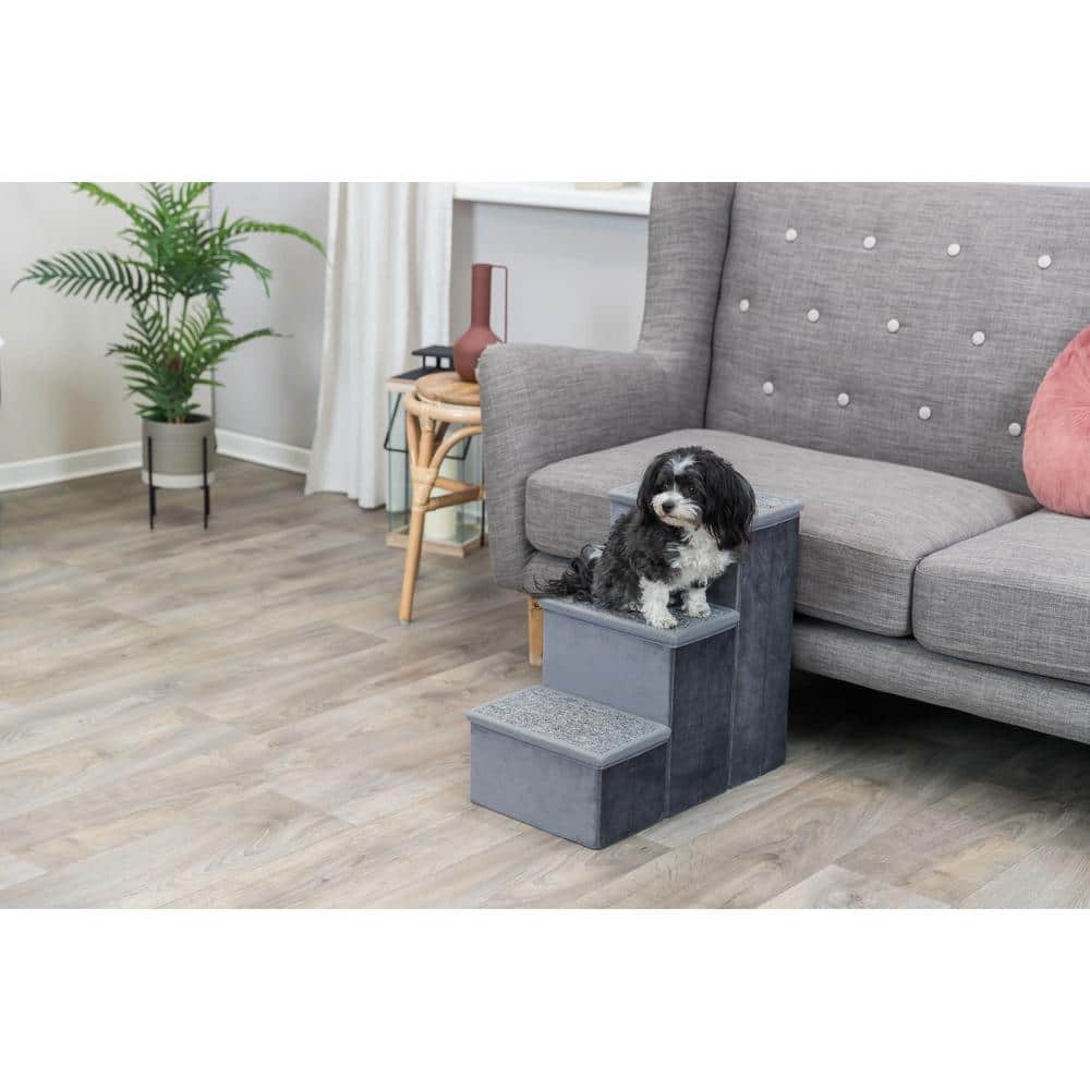 Gray Velour 3-Step Pet Stairs with Storage Compartments