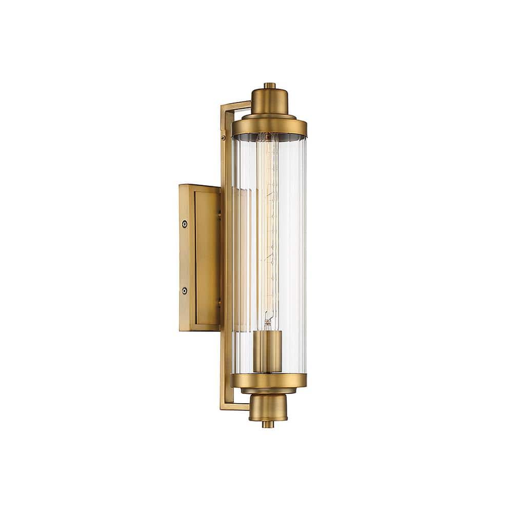 Pike Warm Brass Finish 1-Light Vanity Sconce with Clear Ribbed Glass