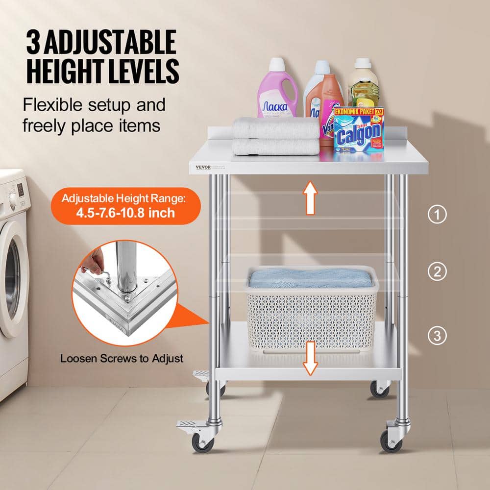 Silver Stainless Steel Adjustable Height Kitchen Prep Table with Casters