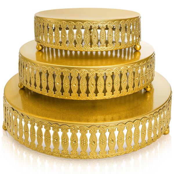 3-Piece Gold Metal Round Cake Stand Set in 8 in. 10 in. and 12 in. Sizes with Glossy Finish