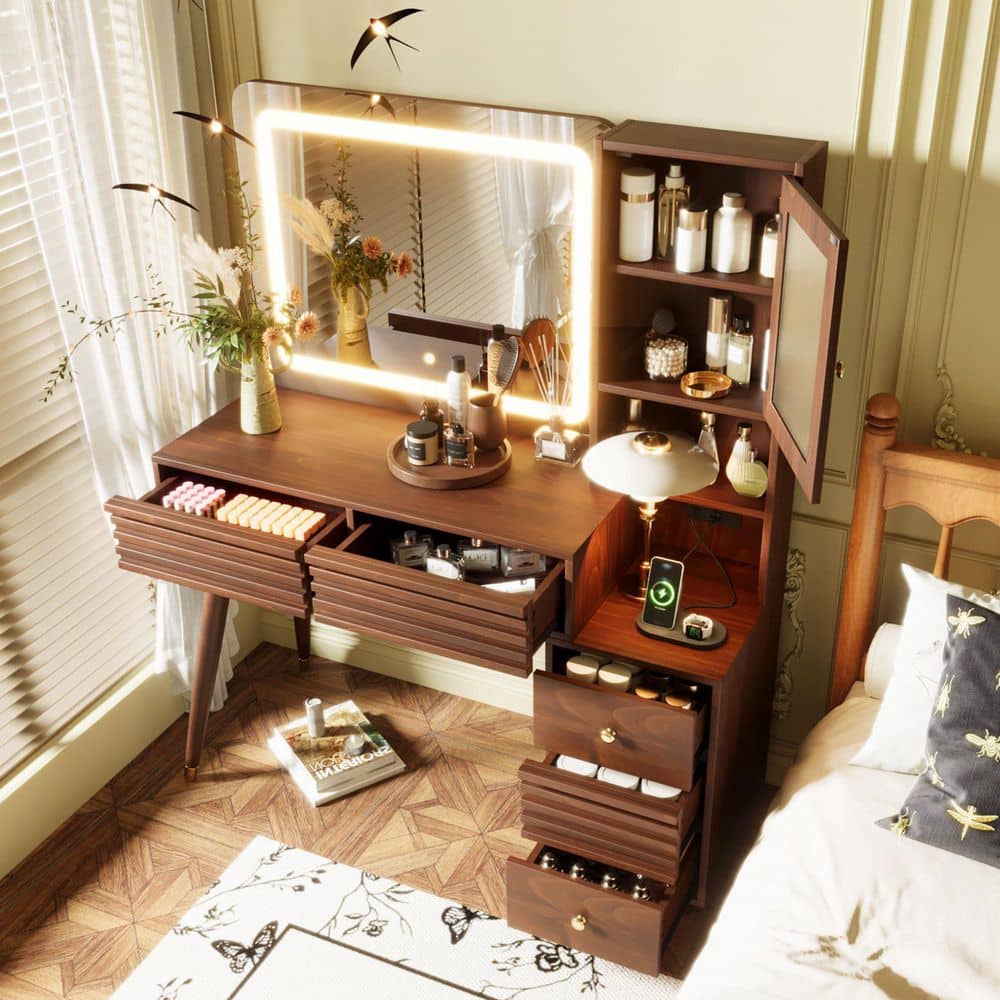 1-Piece Espresso Makeup Vanity Table with LED Mirror, Fluted Glass Cabinet, 5 Drawers and Charging Station