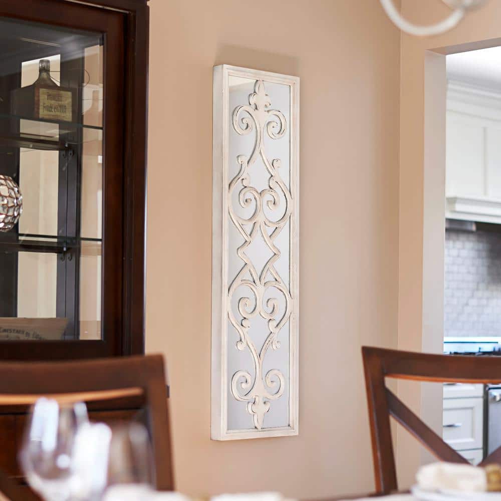 Elegant White Wood Framed Scroll Overlay Decorative Wall Mirror