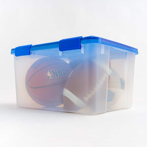 Iris 11 Gallon Clear Plastic Storage Boxes with Blue Lid, Pack of 4