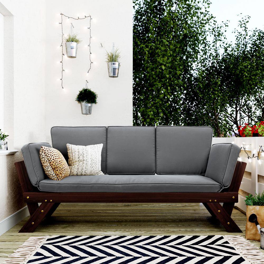 Harper & Bright Designs Acacia Wood Outdoor Loveseat Day Bed with Gray Cushions for Small Places