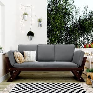Acacia Brown Wood Outdoor Couch with Gray Cushions