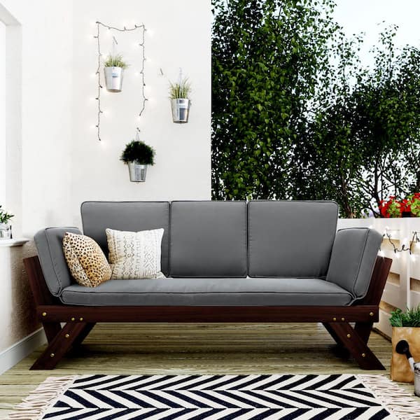 Harper & Bright Designs Acacia Brown Wood Outdoor Couch with Gray Cushions