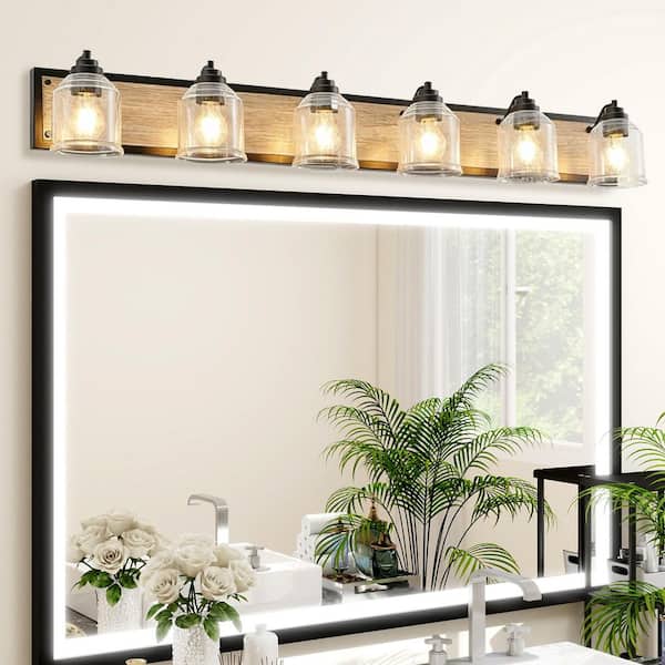 48.5 in. 6-Light Farmhouse Vanity Light Fixture Wall Sconce with Seeded Glass Shades,Rustic Black,Wood Backplate,No Bulb