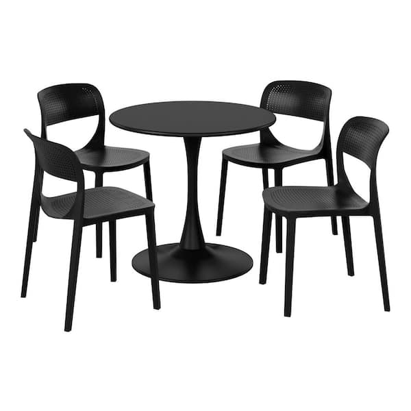 Frond and Form Outdoor Patio Modern 5-Piece Round HDPE Plastic Dining Table Set with Stackable Chairs, Black