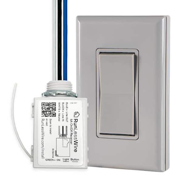 Battery-Free Wireless Light Switch Kit, Single Pole: 1 Remote Switch Controls 1 On/Off 5amp Receiver - Gray
