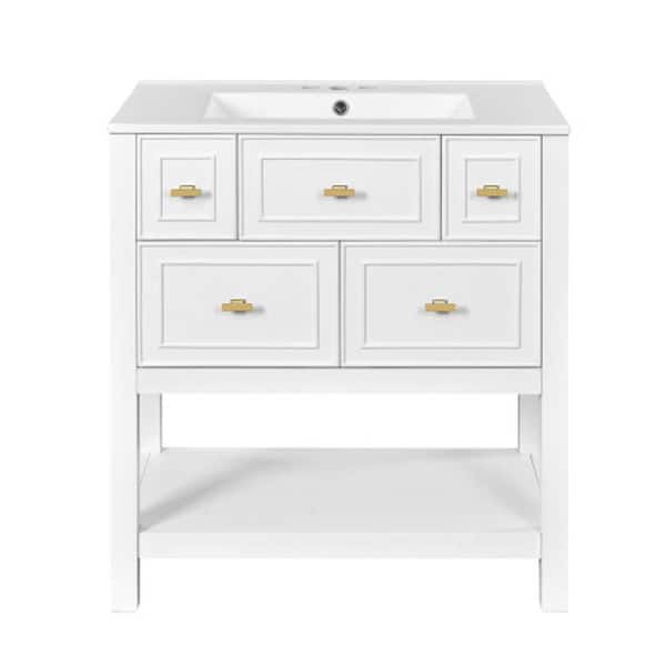 30 in. Freestanding White Bath Vanity with White Ceramic Sink Top Combo, 5 Drawers and Solid Wood Frame