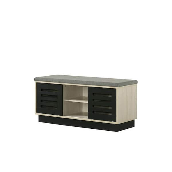 Moxie 17.5 in. H x 38.5 in. W Oak Brown, Light Gray and Black Wood and Fabric Shoe Storage Cabinet