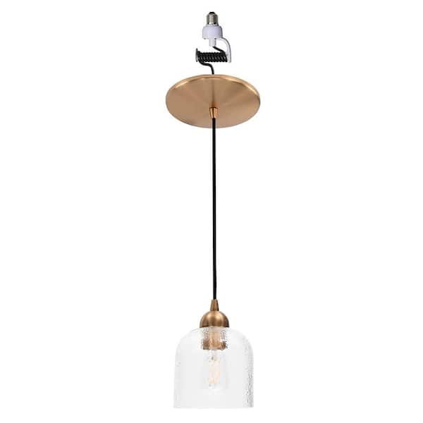 Instant Pendant 1-Light Satin Brass Recessed Light Conversion Kit with Clear Hammered Glass Shade