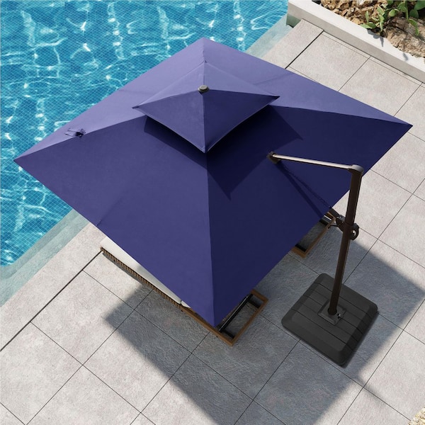 Pellebant 11 ft. Square Aluminum Outdoor Umbrella Cantilever-Offset Adjustable Tilt Patio Umbrella in Navy Blue with Weights Base