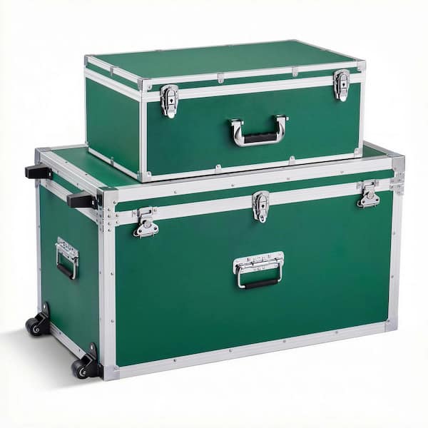 Set of 2 Metal Storage Trunks, Wooden Boxes with 32.13 in. Green Backpack, Padlocks, Casters & Handles, Decorative Chest