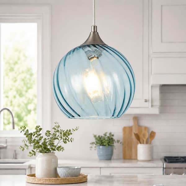 Jasslynn 1 Light Modern Blue Pendant Light for Kitchen Island Over Sink Globe Glass Shade Hanging Light for Dinning Room