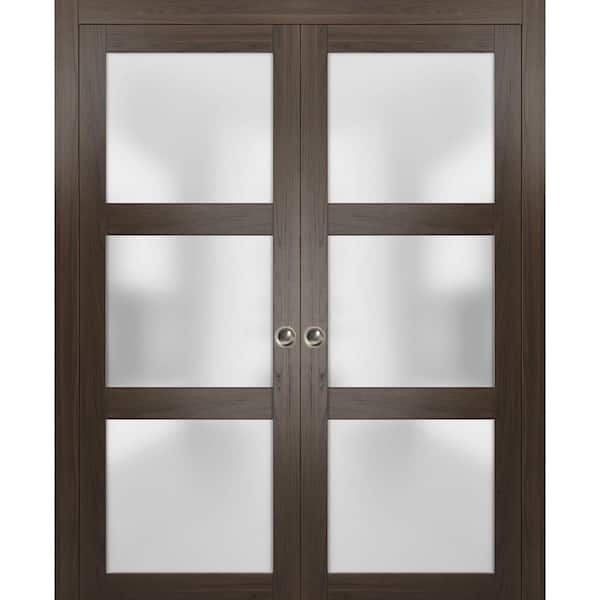 48 in. x 96 in. 3 Panel Brown Finished Wood Sliding Door with Double Pocket Hardware