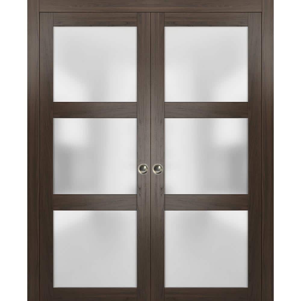 60 in. x 96 in. 3 Panel Brown Finished Wood Sliding Door with Double Pocket Hardware price history on PriceWatchPro