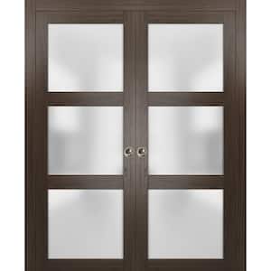 2552 36 in. x 80 in. 3 Panel Brown Finished Wood Sliding Door with Double Pocket Hardware