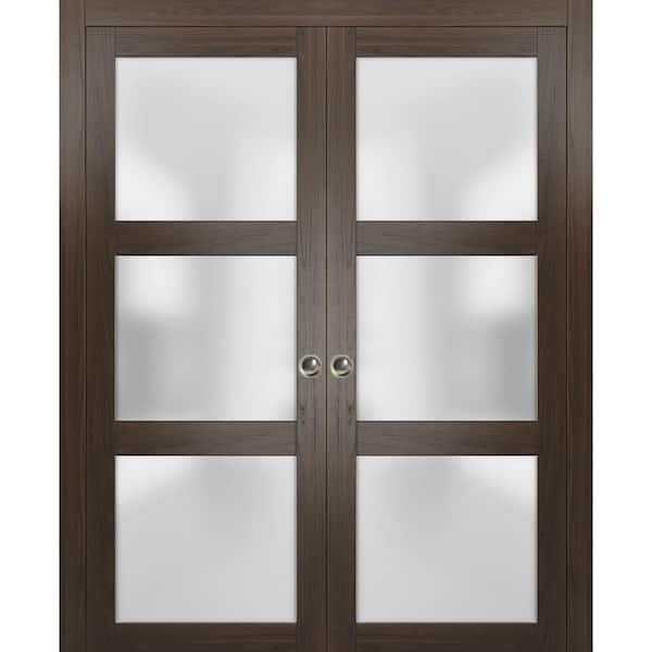 Sartodoors 2552 56 in. x 80 in. 3 Panel Brown Finished Wood Sliding Door with Double Pocket Hardware