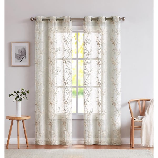 Linen Floral Grommet Room Darkening Curtain - 38 in. W x 84 in. L (Set of 2)