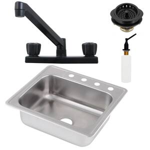 25 in. Drop in Undermount Single Bowl 18 Gaige Stainless Steel Kitchen Sink with Double Handle Faucet, Matte Black