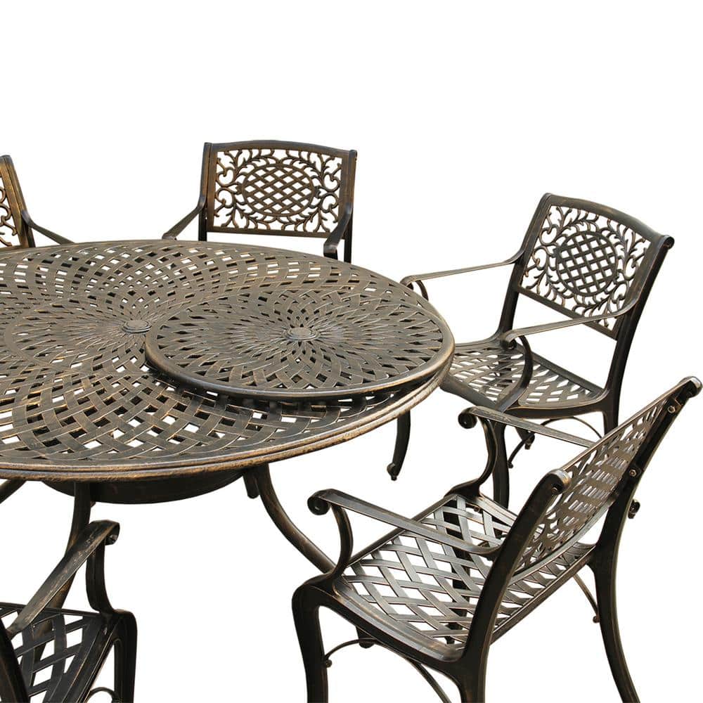 Bronze Aluminum 7-Piece Round Outdoor Dining Set with Lazy Susan