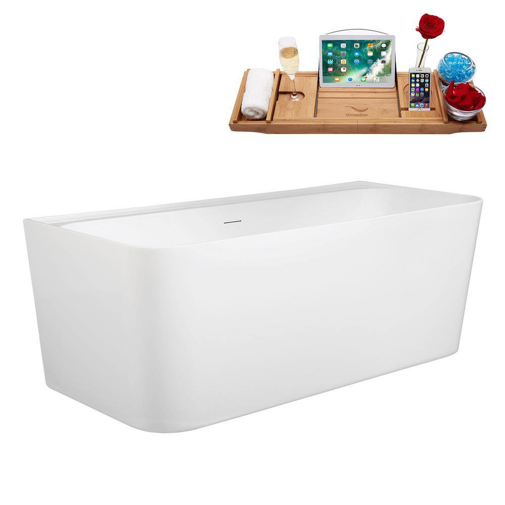 55" Glossy White Acrylic Freestanding Soaking Bathtub with Bamboo Tray