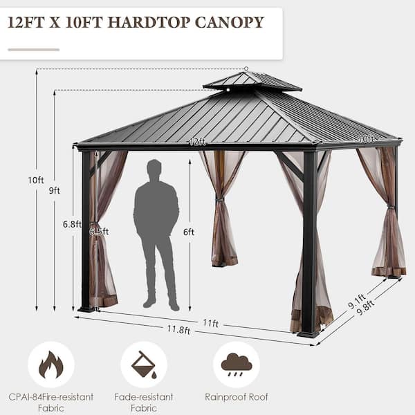 Costway 10 ft. x 12 ft. Brown Hardtop Gazebo 2-Tier Outdoor