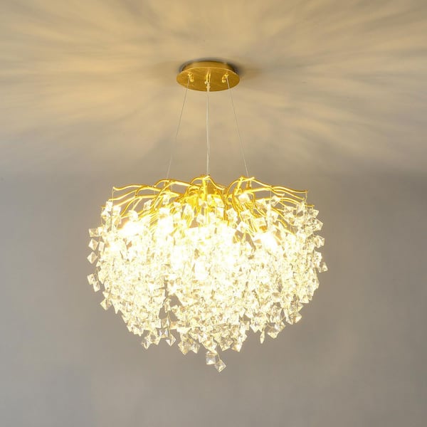 8-Light Gold Crystal Chandelier, 23.62 in. Branch-Shaped Ceiling Lamp for Dining Room and Living Room (No Bulbs)-G9