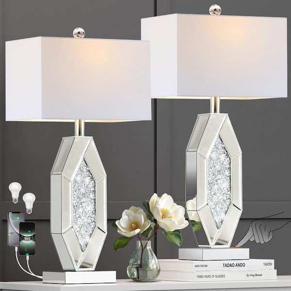 26 in. Silver Diamond Mirrored Bedside Table Lamps Set of 2 3-Way Dimmable Modern Lamps w/ USB A plus C Ports and 2-Bulb