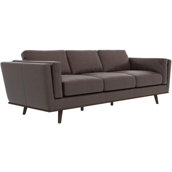 Austin 91 in. W Square Arm Genuine Leather Mid Century Modern Rectangle Living Room Sofa in Campari Brown