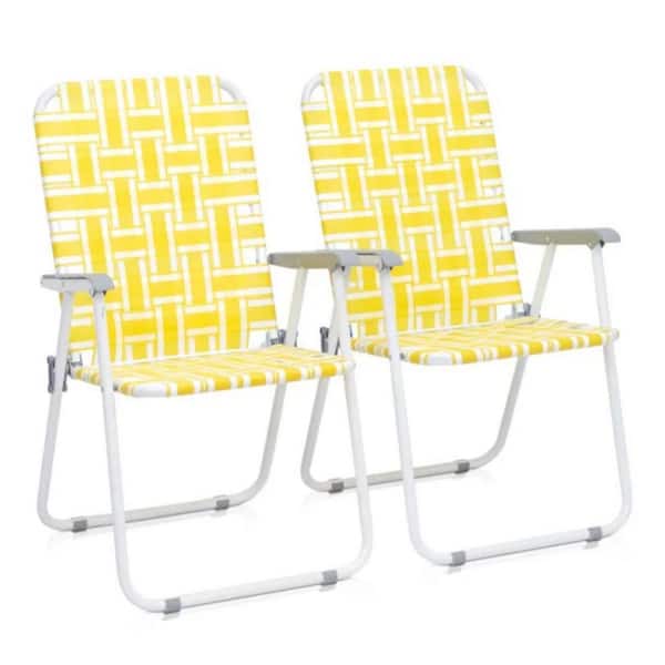 2-Piece Steel Tube PP Webbing Bearing 120kg Folding Beach Chair Yellow and White Strip
