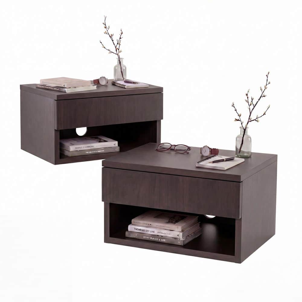 Ettore 15.71 in. Floating Wall Mounted Nightstand with Soft-Close Drawer and Cable Hole, Black (Set of 2)